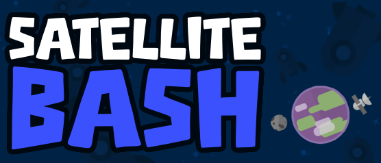 The cover art image for
                                    Satellite Bash. It features a purple and green planet with a moon and satellite around it. It is set on a starry
                                    blue background with various silhouettes of spaceships. The title reads 'Satellite Bash'