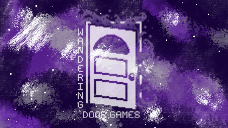 An abstract representation of a starry cosmic sky with the Wandering Door Games logo on it.
