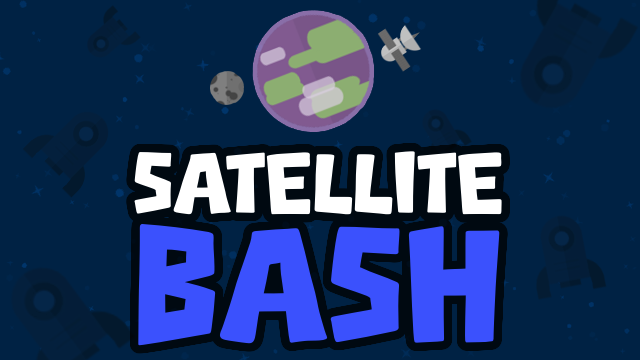 The cover art image for Satellite Bash. It features a purple and green planet with a moon and satellite around it. It is set on a starry blue background with various silhouettes of spaceships. The title reads 'Satellite Bash'
