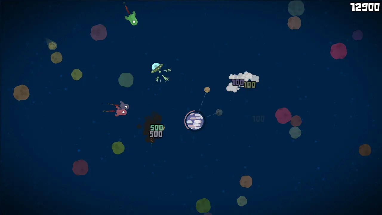 A screenshot from the free and open source 2D indie game, Satellite Bash. It features a cloudy blue and pink planet having recently destroyed some enemies with its two satellite moons. Oncoming spaceships aim for the planet, and a UFO is shooting a laser at it.