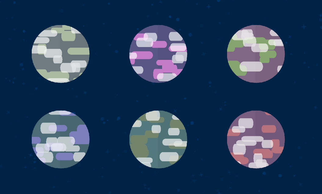 An image of 6 planets with randomly generated details and colours