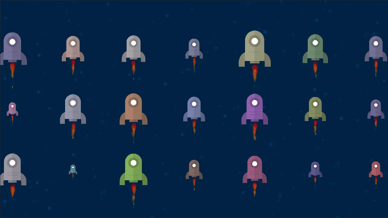 A screenshot of 21 spaceships of various colours and sizes. 