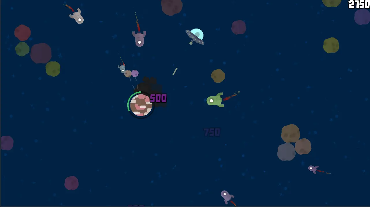 A screenshot from Satellite Bash showing how point values appear and fade away once the player destroys an enemy or obstacle. 