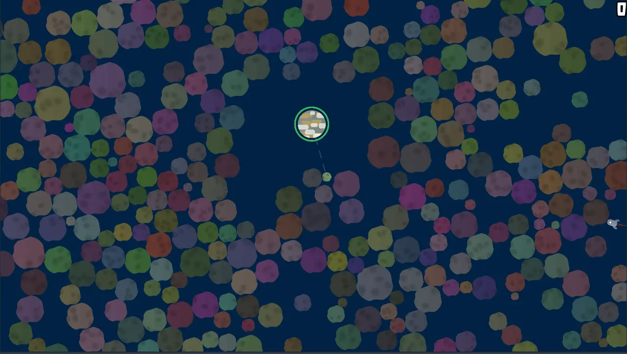 An image of a planet surrounded by many different coloured asteroids. The planet has a noticeable area around it which is asteroid free.