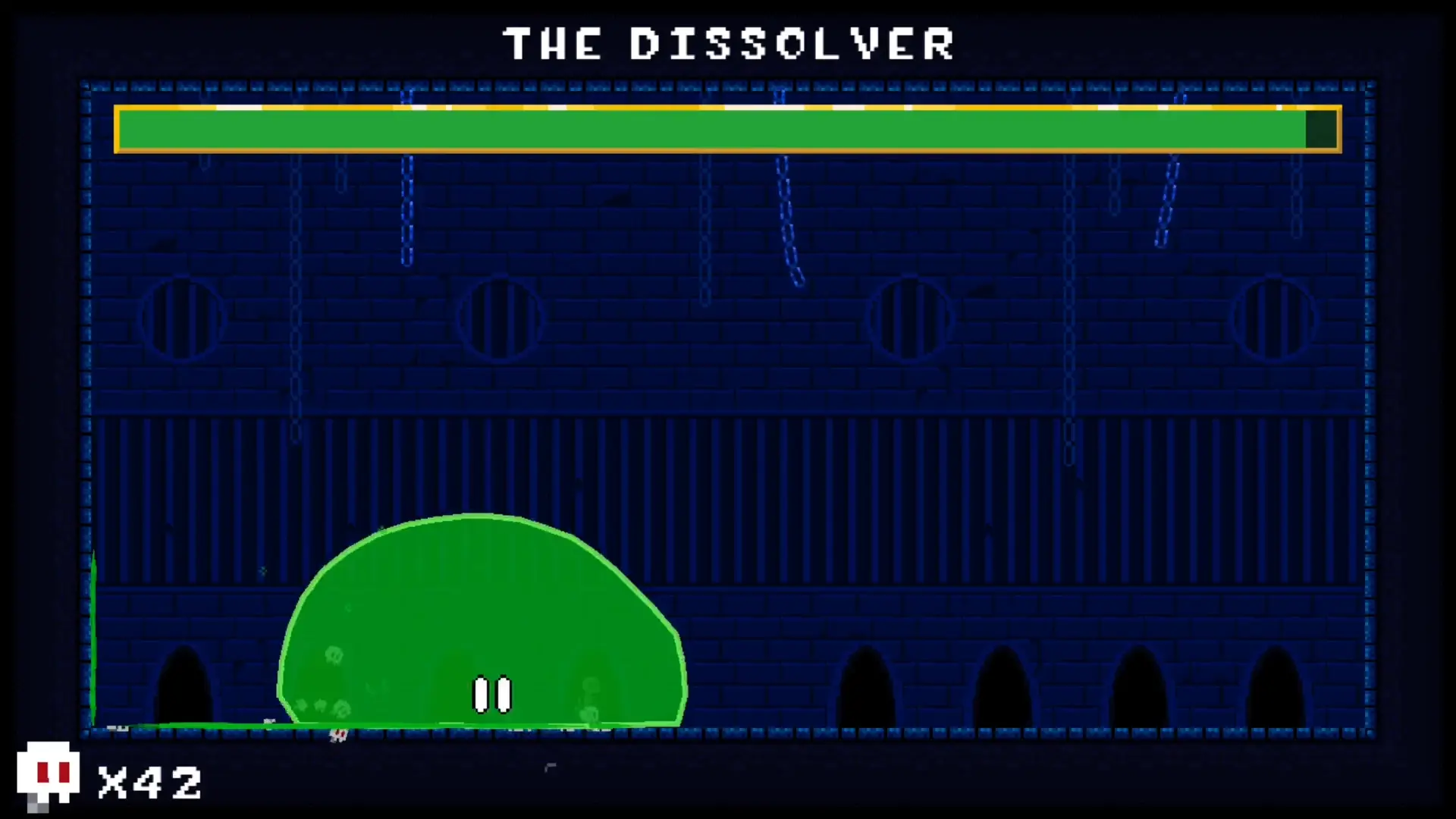 A screenshot from the indie FOSS game jam game So Little Slime. It features The Dissolver in a dank blue dungeon with skeletons floating around in its blobby body.