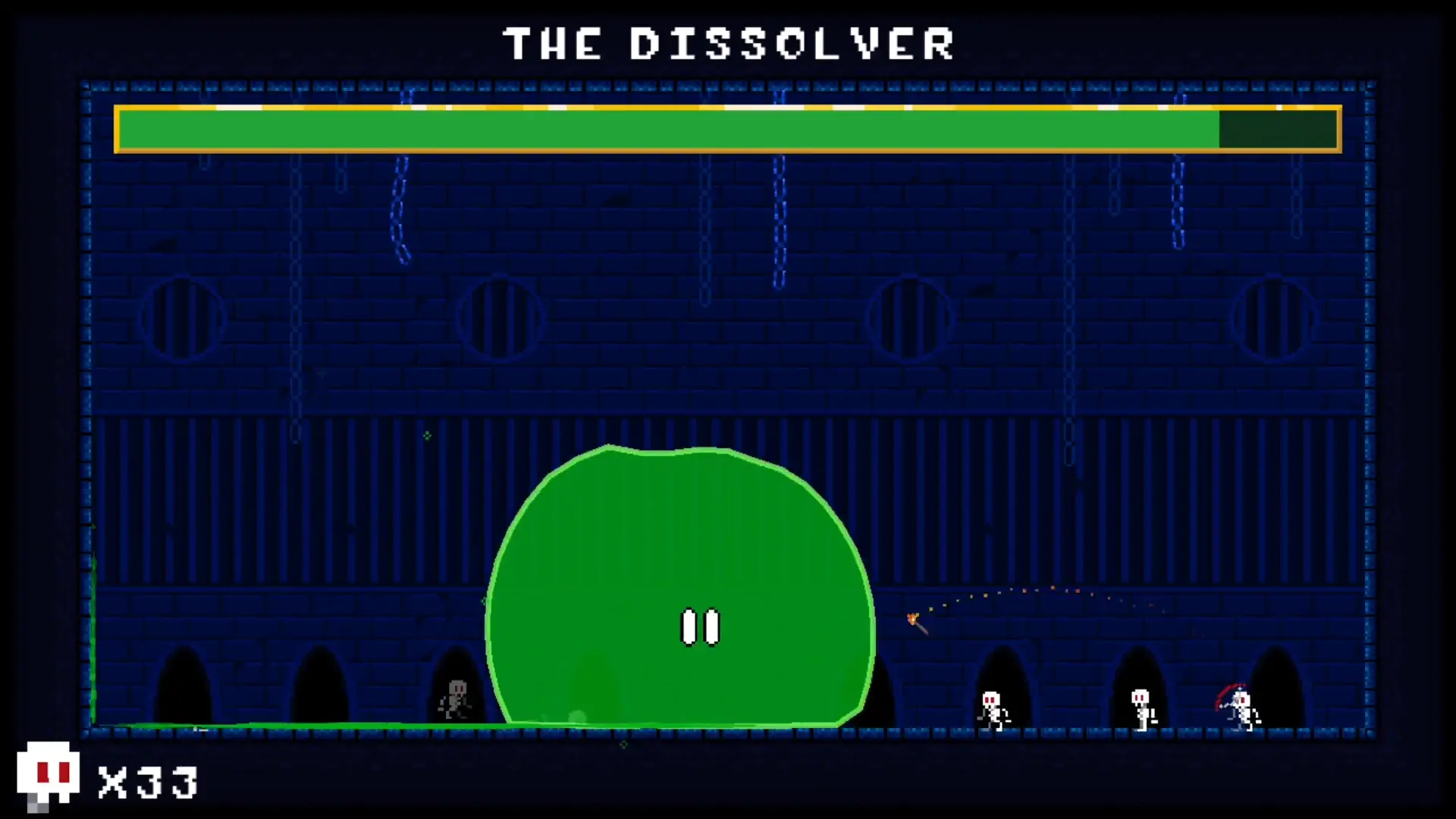 A screenshot from the indie FOSS game jam game So Little Slime. It features The Dissolver in a dank blue dungeon with green slime trails on the floor and walls.