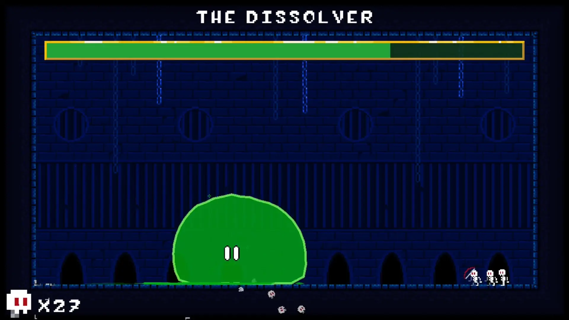 A screenshot from the indie FOSS game jam game So Little Slime. It features The Dissolver in a dank blue dungeon spitting out skulls.