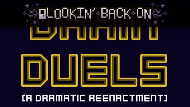 The cover art image for Drain Duels. It features a black text outlined in glowing yellow saying "Drain Duels". Smaller white text under the title says "(A dramatic reenactment)". At the top is a banner in the Wandering Door Games branding with the text "Lookin' Back On"