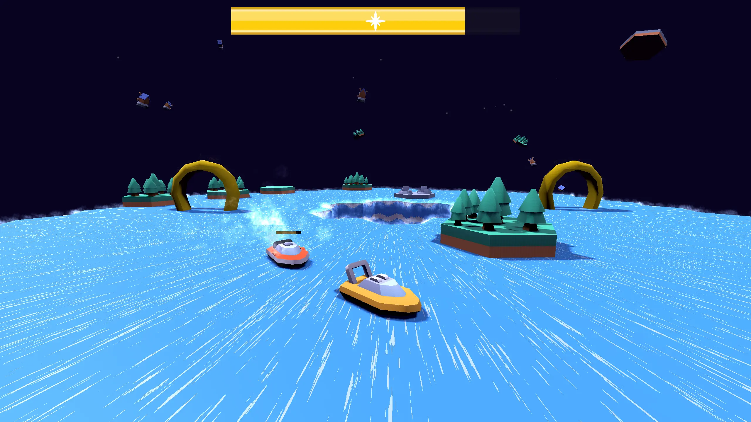 A screenshot from the indie FOSS game Drain Duels showing a red boat chasing a yellow boat on a body of water in a void with a big drain in the center.