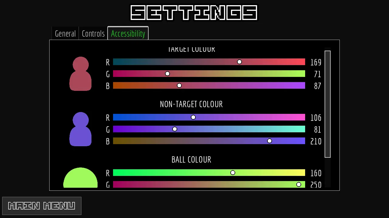 A screenshot from the indie FOSS game The Chamber Crowd showing the accessibility settings menu with three sets of RGB colour pickers.