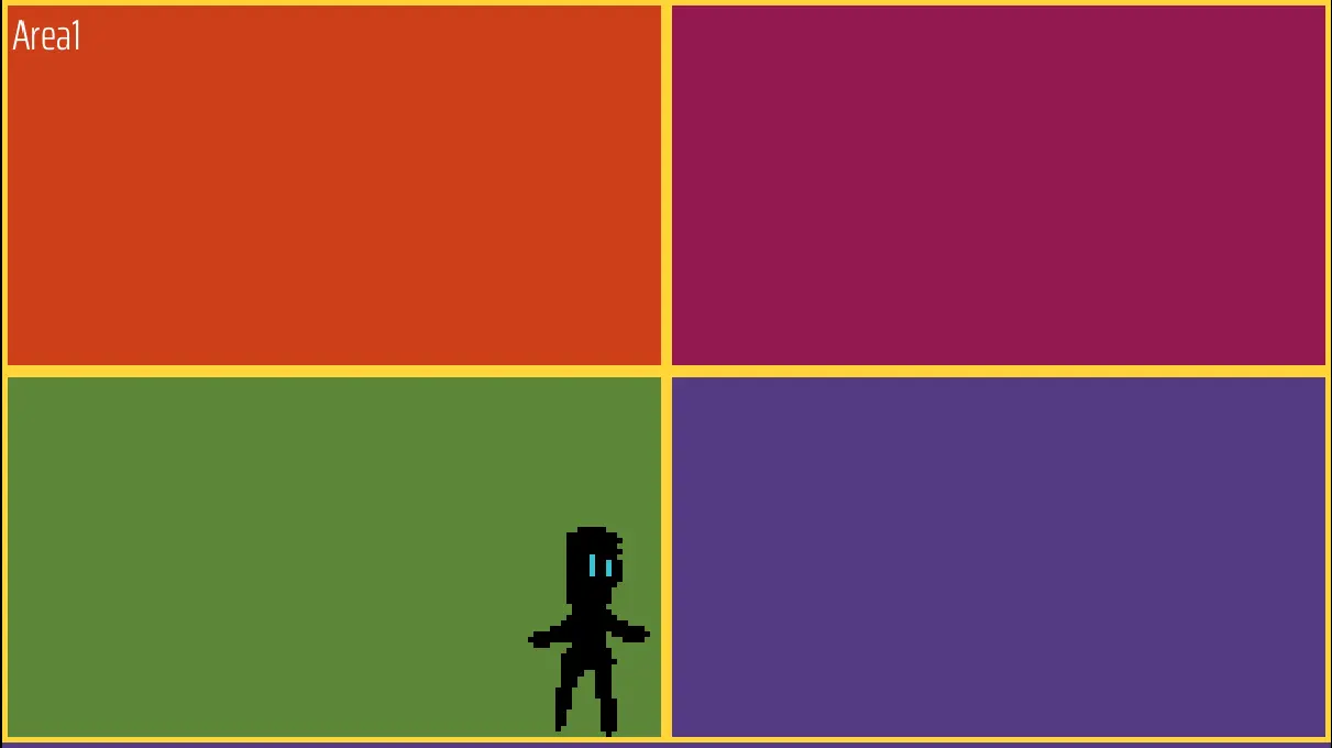 A screenshot from the in-development indie FOSS game Aster Pebble and the Case of Bad Bureaucracy showing a temporary pixel art humanoid in front of a grid of 4 colours.