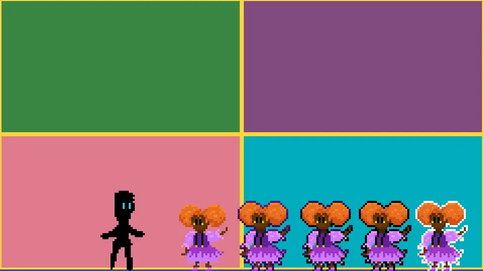 An art test image from the indie FOSS game Aster Pebble and the Case of Bad Bureaucracy. The image features pixel art characters against a green, purple, pink, and blue background. On the left is a shadow-y figure and on the right are five of the same girl with orange hair and a purple dress in pixel art ranging from no outline to different coloured outlines.