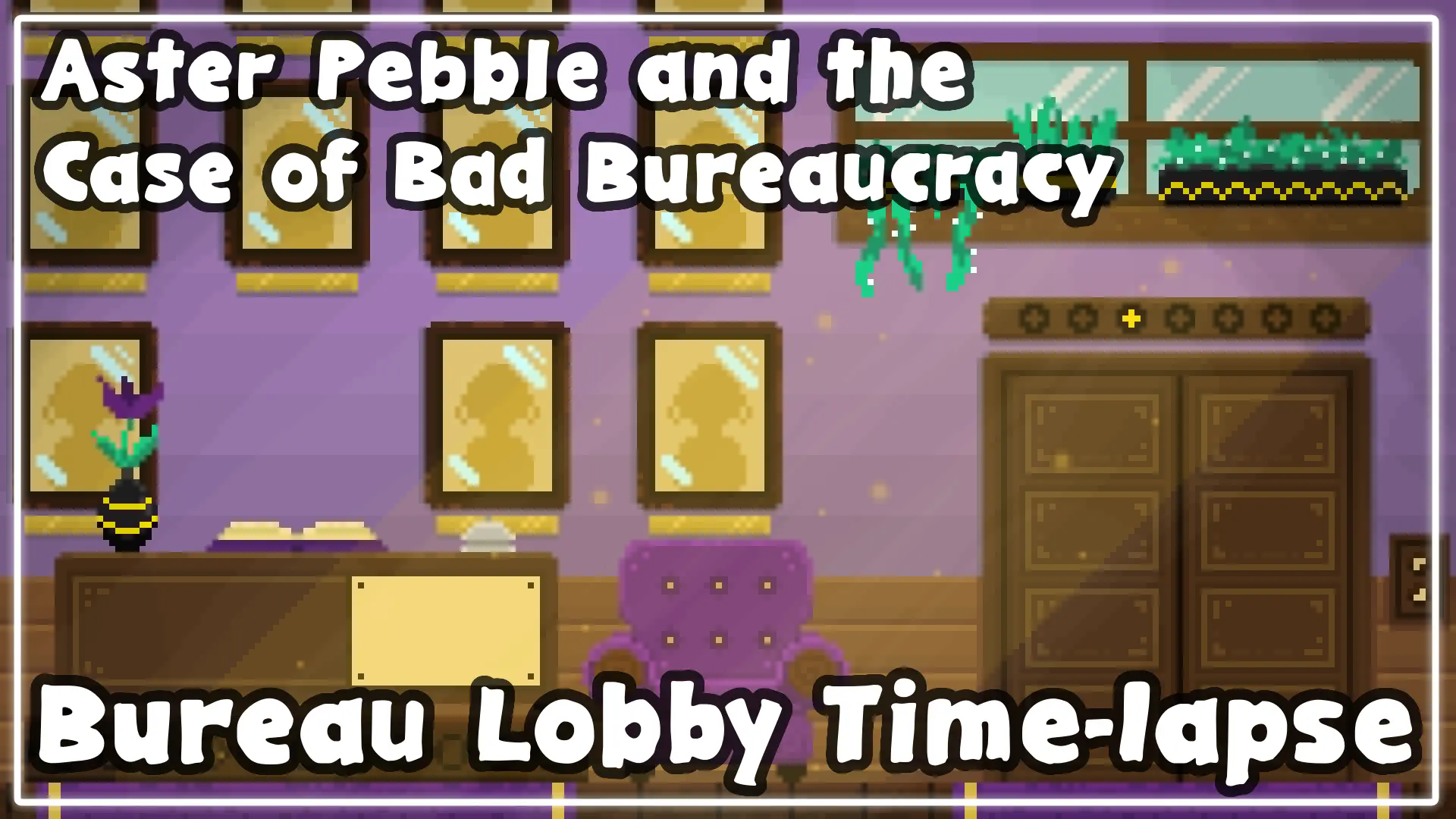 A thumbnail from the in-development indie FOSS game Aster Pebble and the Case of Bad Bureaucracy. It features a pixel art lobby scene, as well as the game title text, and Bureau Lobby Time-lapse!