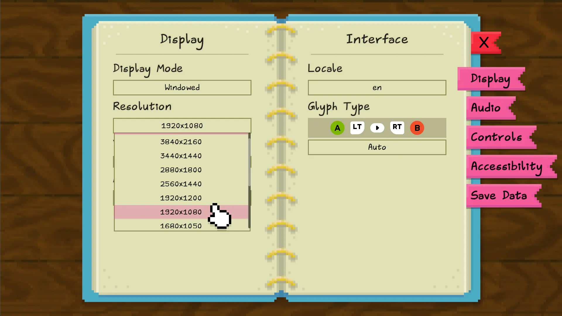 A screenshot from the indie FOSS fantasy point and click game Aster Pebble and the Case of Bad Bureaucracy showing a dropdown menu in a stylized pixel art book with a big context cursor hovering over one of the options.