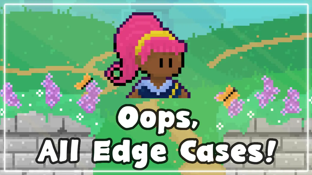 A thumbnail for the indie FOSS game Aster Pebble and the Case of Bad Bureaucracy. It features a pixel art outdoor scene and the game protagonist's face, as well as the text, Oops, All Edge Cases