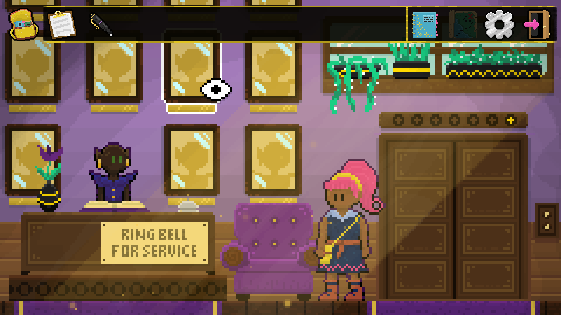 A pixel art screenshot from Aster Pebble and the Case of Bad Bureaucracy of a pink haired young woman standing in a fancy lobby with big wooden elevator doors and purple carpeted floors. There is an elf sitting at the reception desk reading a book. A cursor is hovering over a portrait in the scene, highlighting the portrait and showing an eye icon.