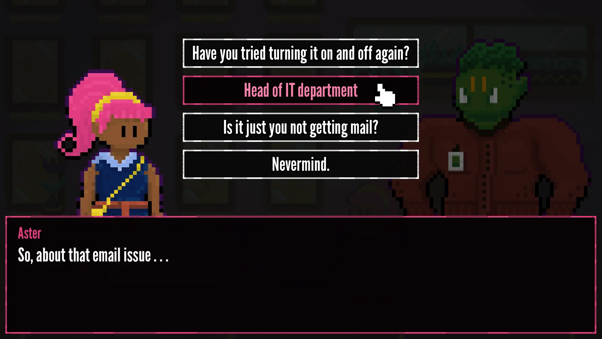 A pixel art screenshot from Aster Pebble and the Case of Bad Bureaucracy of a pink haired young woman having a conversation with a large Orc. Dialogue options sit between them.