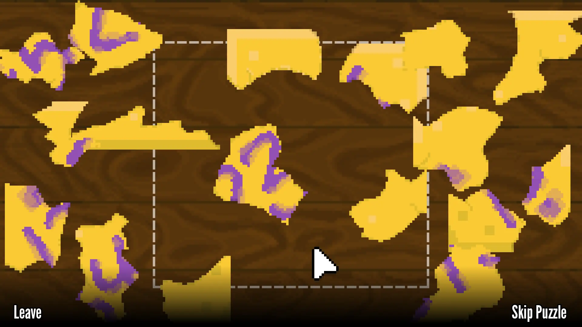 A pixel art screenshot from Aster Pebble and the Case of Bad Bureaucracy of a puzzle with ripped up yellow paper on a wooden desk and a dotted line square in the center for assembling the torn pieces of paper.