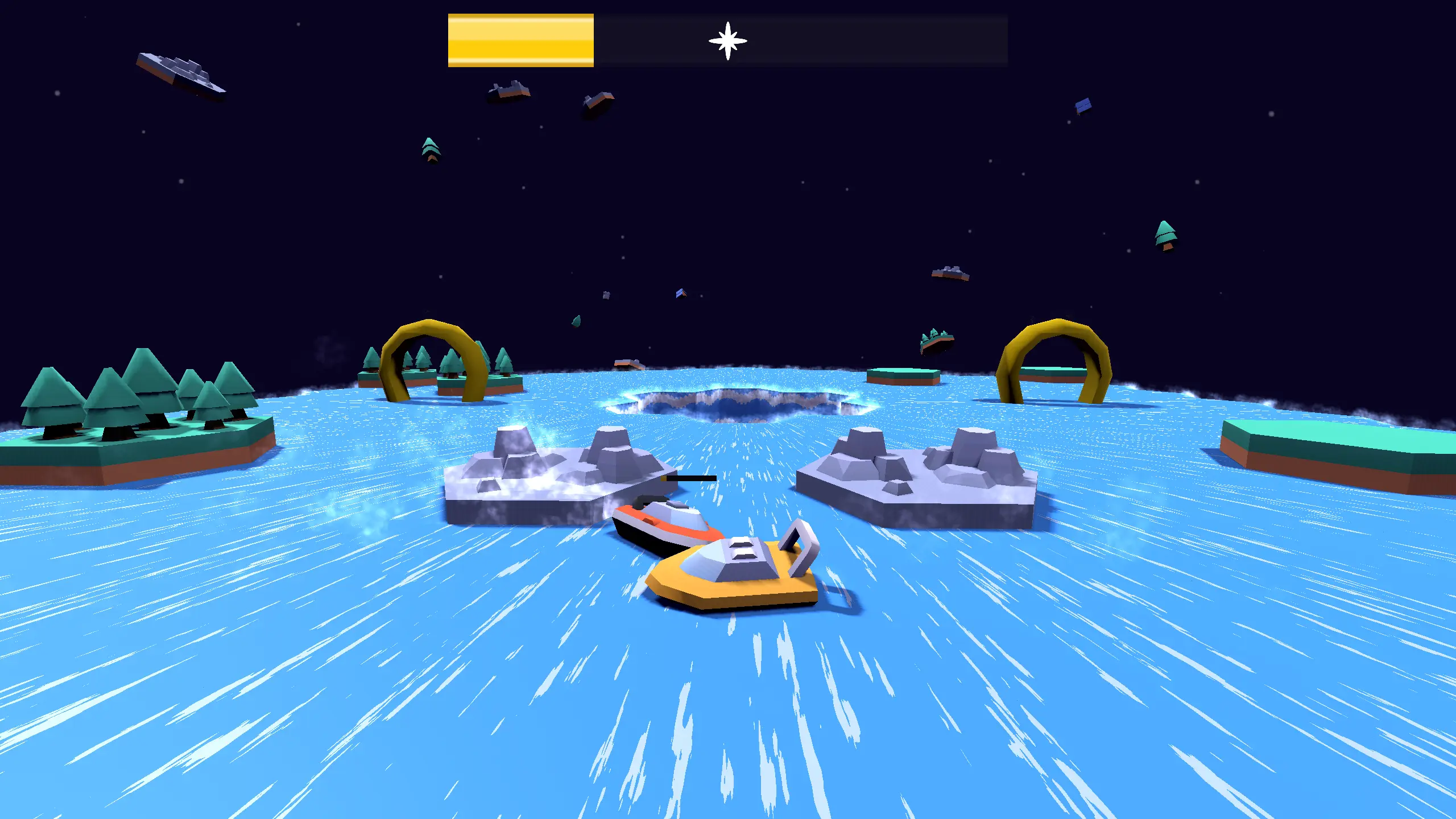 A screenshot from the indie FOSS game Drain Duels showing a red boat colliding with a yellow boat on a body of water in a void with a big drain in the center.