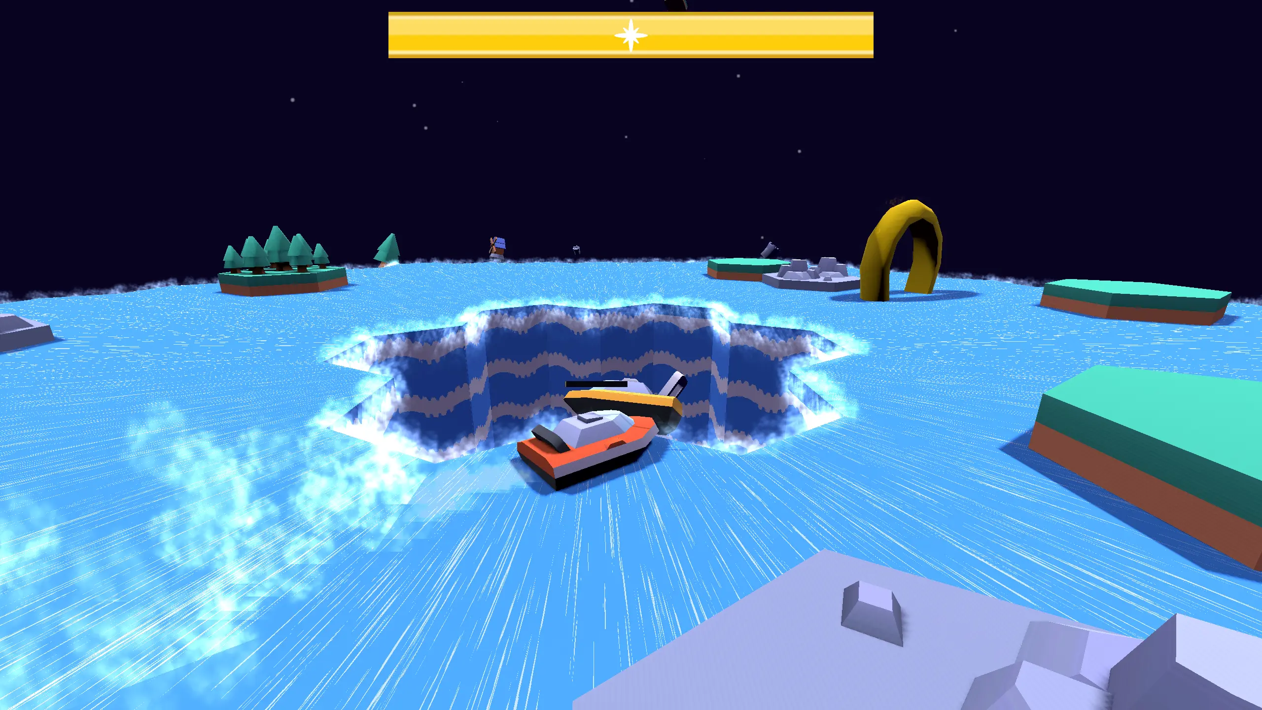 A screenshot from the indie FOSS game Drain Duels showing a red boat pushing a yellow boat into a big drain in the center of a body of water in a void.
