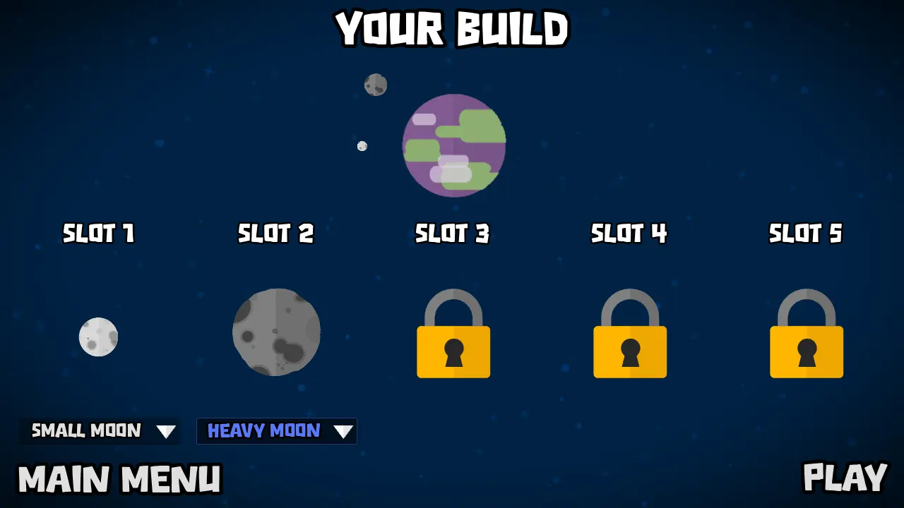 A screenshot from the indie FOSS game Satellite Bash showing the satellite setup screen. There are five slots. The first slot has small moon selected and the second has heavy moon selected. The remaining three slots are locked with a padlock image.