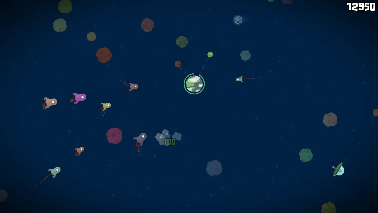 A screenshot from the indie FOSS game Satellite Bash showing a green and blue planet being chased by spaceships of various sizes and colours among space debris.