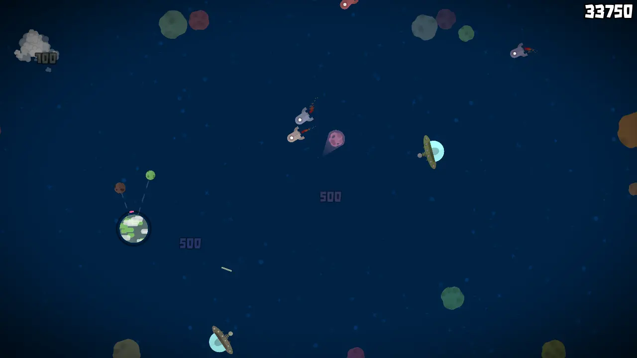 A screenshot from the indie FOSS game Satellite Bash showing a green and blue planet with low health trying to avoid a laser shot.
