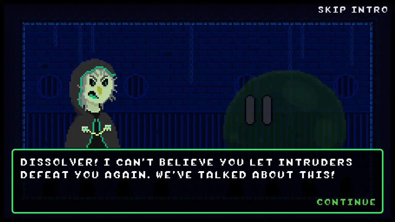 A screenshot from the indie FOSS game So Little Slime showing a conversation visual novel style between a necromancer and a slime. The necromancer says "DISSOLVER!I can't believe you let intruders defeat you again. We've talked about this!"