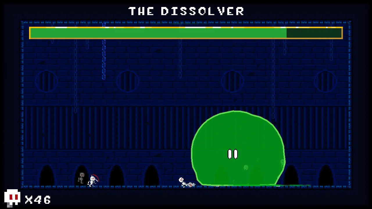 A screenshot from the indie FOSS game So Little Slime showing gameplay of The Dissolver about to mow down a fallen skeleton as other skeleton archers spawn in.