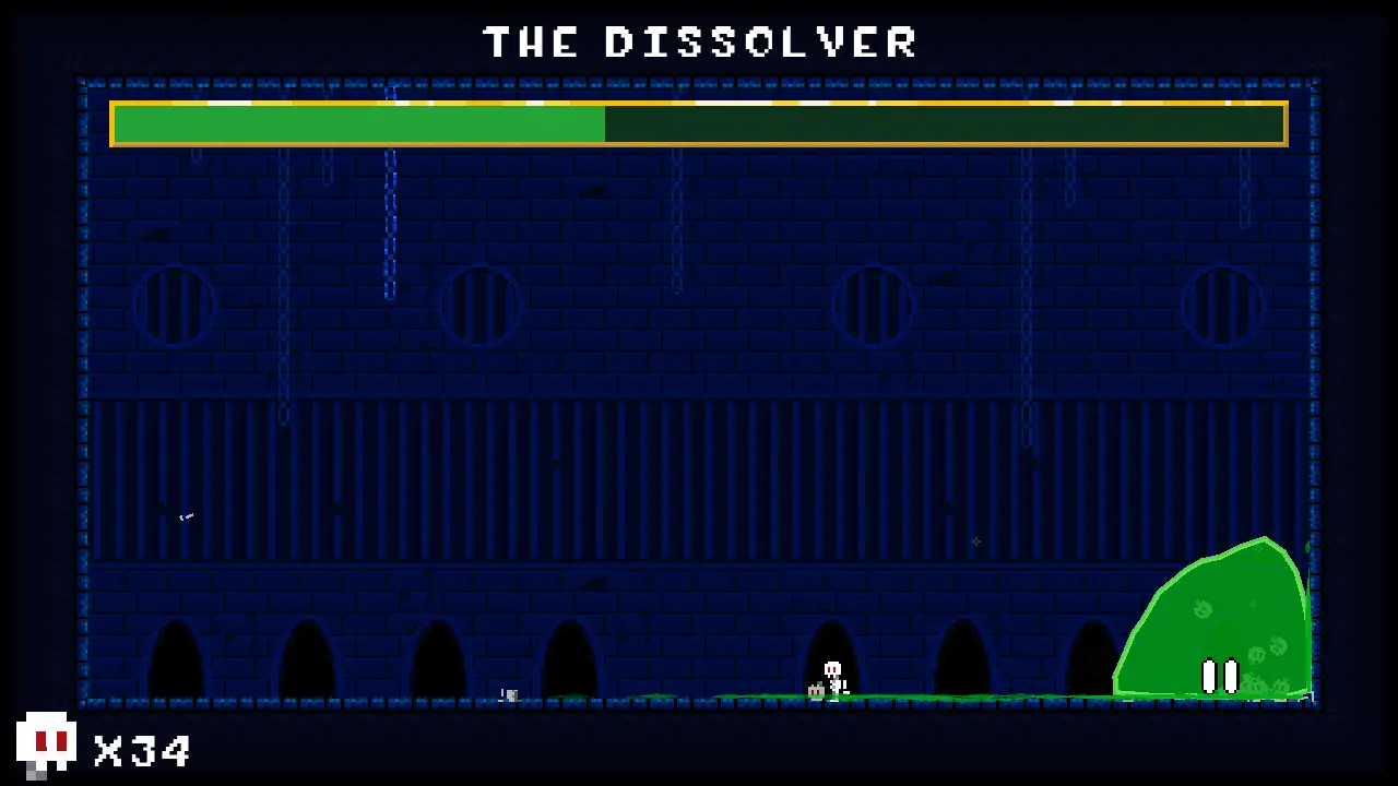 A screenshot from the indie FOSS game So Little Slime showing game play of the Dissolver smooshed into the bottom right corner with skulls in its blobby body.