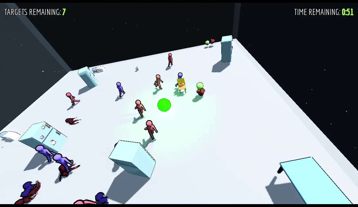 A screenshot from the indie FOSS game The Chamber Crowd showing red and blue humanoids in a tilted transparent chamber. Various furniture is strewn throughout the room and along with a glowing green sphere.