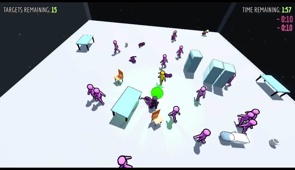 A screenshot from the indie FOSS game The Chamber Crowd showing one orange and many purple humanoids in a tilted transparent chamber. Various furniture is strewn throughout the room and along with a glowing green sphere.
