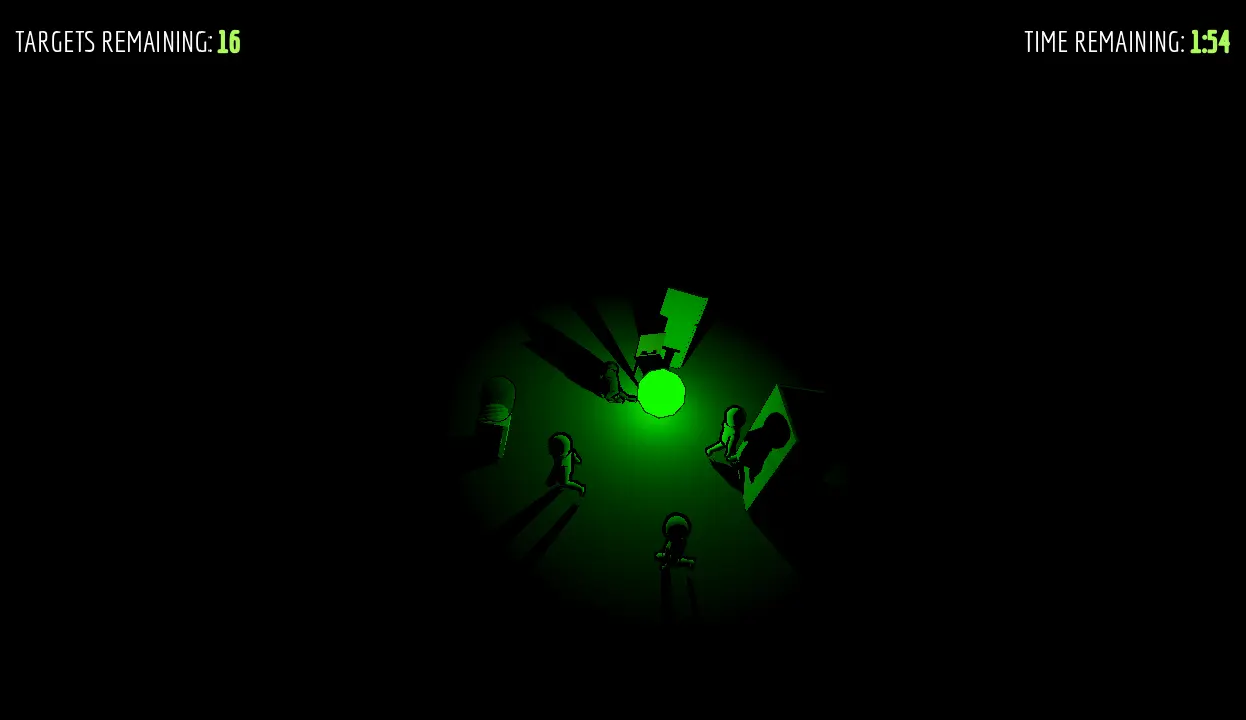 A screenshot from the indie FOSS game The Chamber Crowd showing a glowing green ball illuminating an otherwise pitch black room. A few humanoids and furnitures are lit by this green glow.