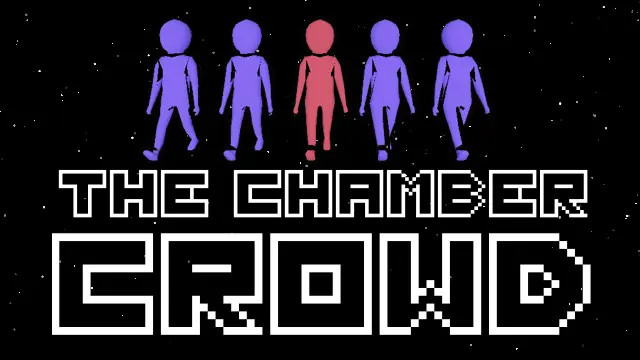 The cover art image for the indie FOSS game The Chamber Crowd. It features 5 humanoids, one red humanoid with two blue humanoids both sides of the red one. They are standing on top of white text the reads "The Chamber Crowd".